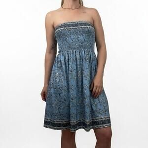 Blue Floral Boho Strapless Mini Dress